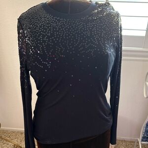 INC International Concepts Black Sequin Long Sleeve Top